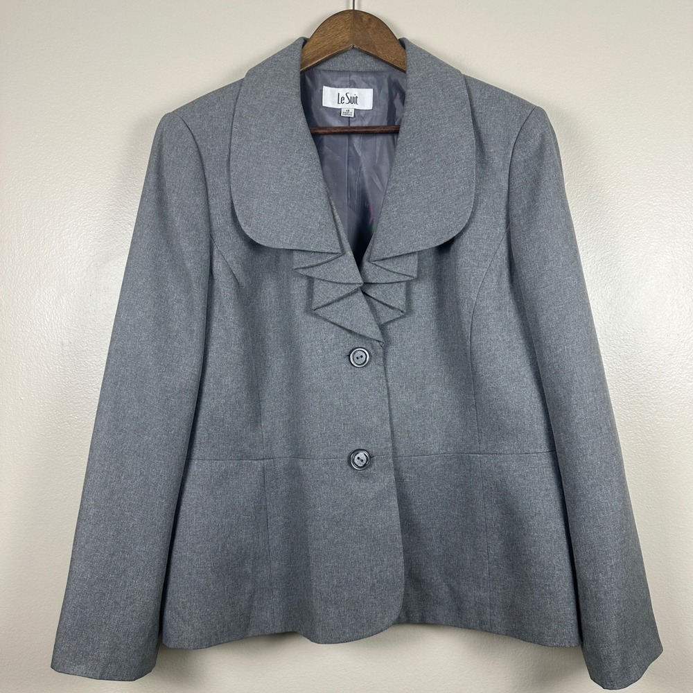 Le Suit Women's 18 Blazer Gray Ruffle Lapel Two Button Professional Jacket
